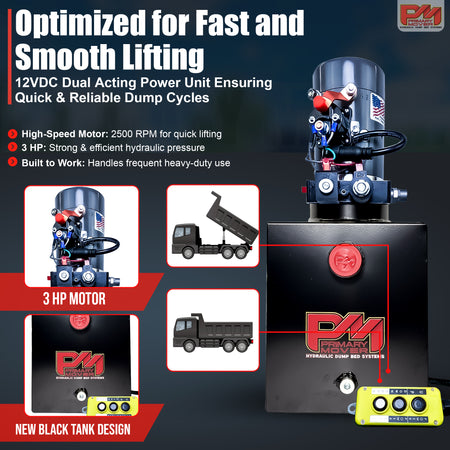 KTI 12V Double-Acting Hydraulic Pump with Steel Reservoir, ideal for dump bed systems, shown close-up highlighting its durable, compact design and dual-action functionality.