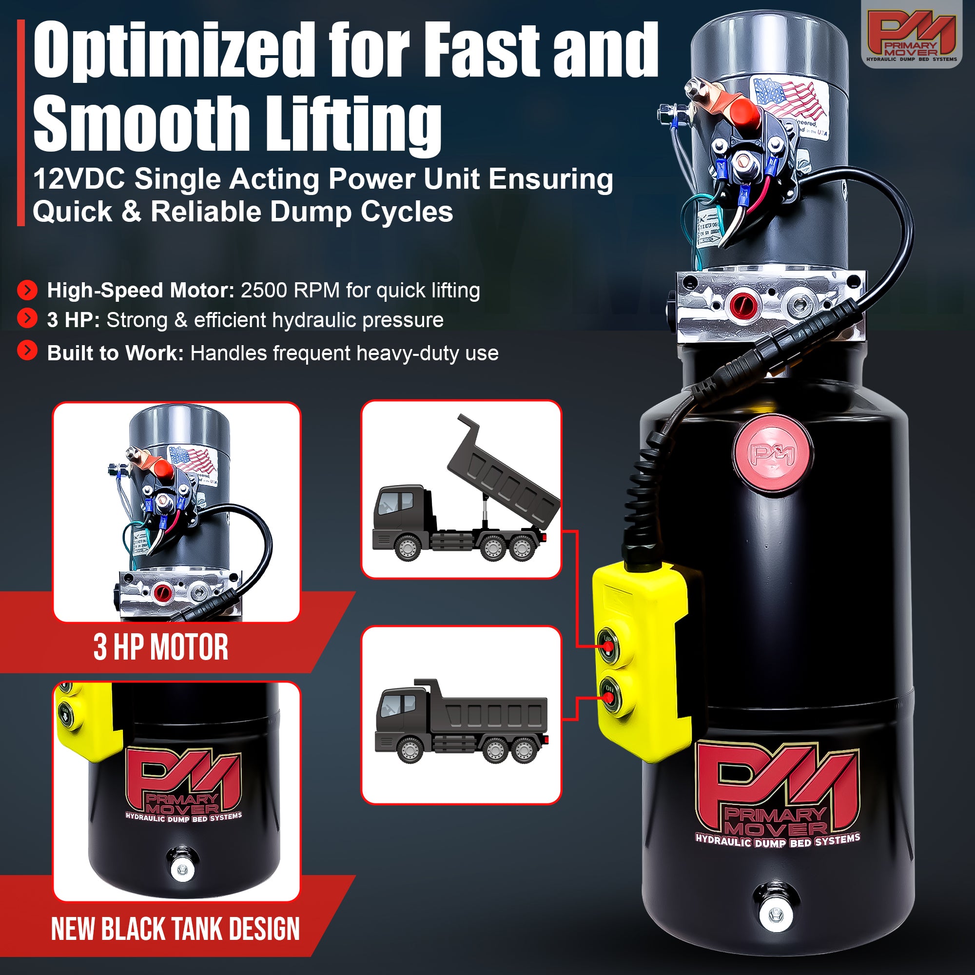 KTI 12V Single-Acting Hydraulic Pump with steel reservoir, designed for efficient dump bed systems, featuring a compact, durable build and reliable single-acting power.