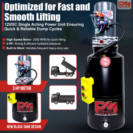 KTI 12V Single-Acting Hydraulic Pump with steel reservoir, designed for efficient dump bed systems, featuring a compact, durable build and reliable single-acting power.