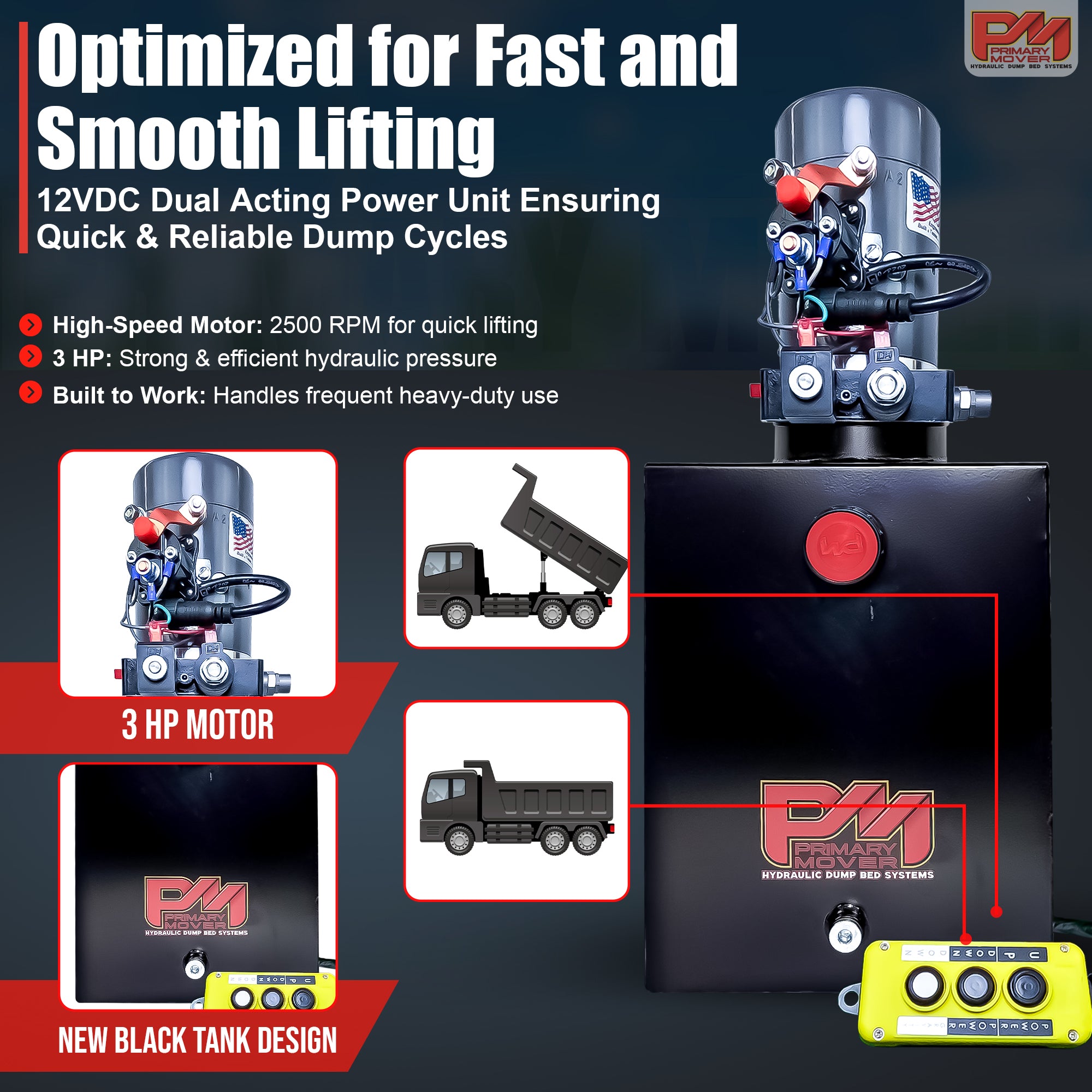 Close-up of KTI 12V Double-Acting Hydraulic Pump with steel reservoir, showcasing dual-action functionality and compact design for efficient hydraulic dump bed system operations.