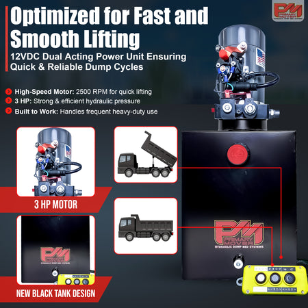 Close-up of KTI 12V Double-Acting Hydraulic Pump with steel reservoir, showcasing dual-action functionality and compact design for efficient hydraulic dump bed system operations.