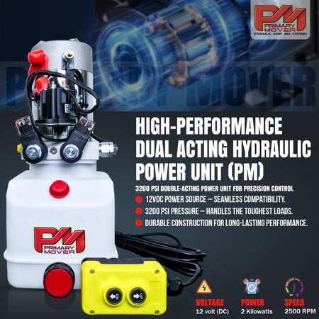 6 Ton Hydraulic Scissor Hoist Kit PF-416 with visible red buttons, black wires, and safety labels, designed for 10-14' dump trailers or utility truck beds.