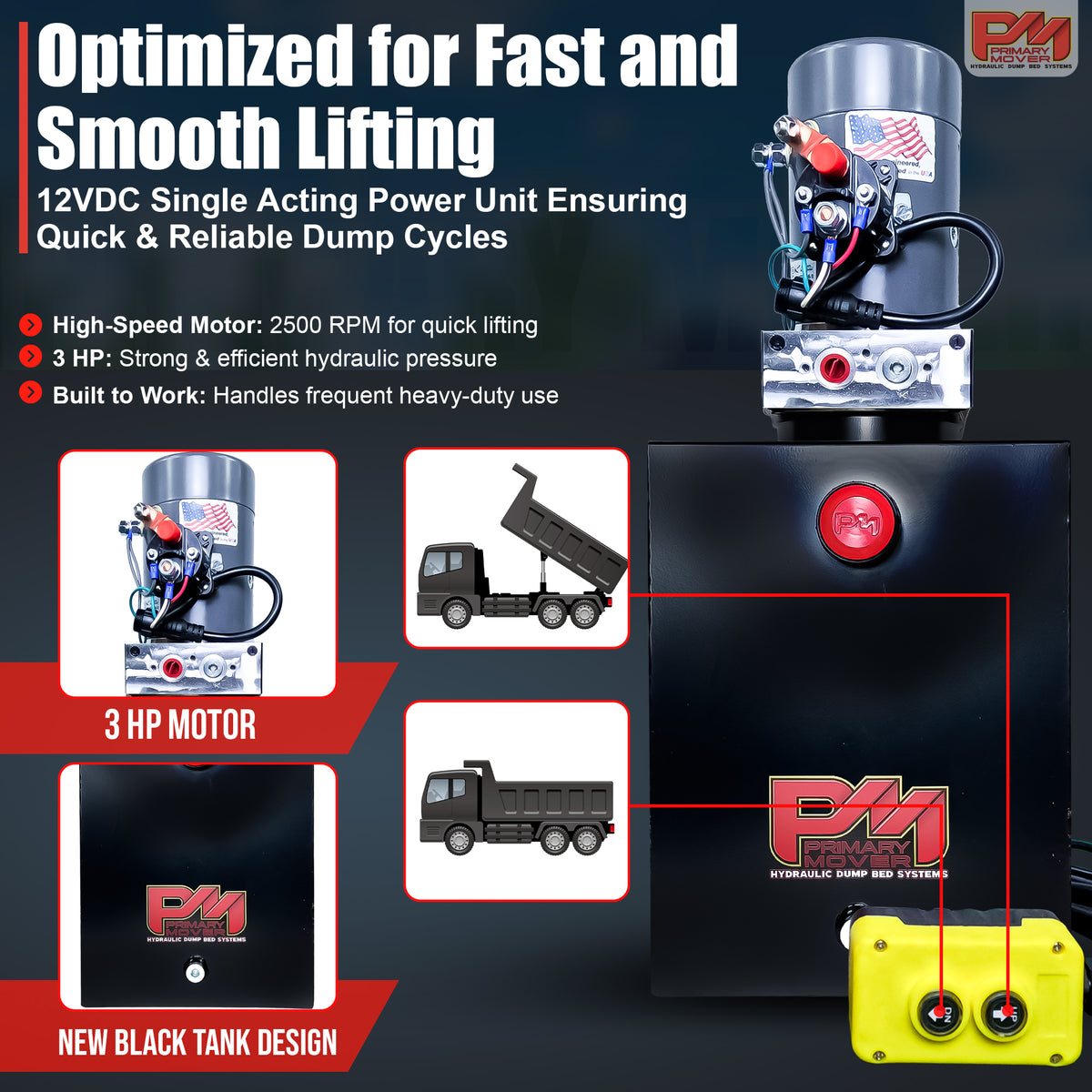 KTI 12V Single-Acting Hydraulic Pump with steel reservoir, shown close-up in a machine setup, designed for hydraulic dump bed systems with optimized single-acting performance.