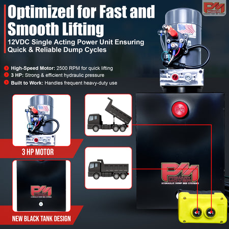KTI 12V Single-Acting Hydraulic Pump with steel reservoir, shown close-up in a machine setup, designed for hydraulic dump bed systems with optimized single-acting performance.