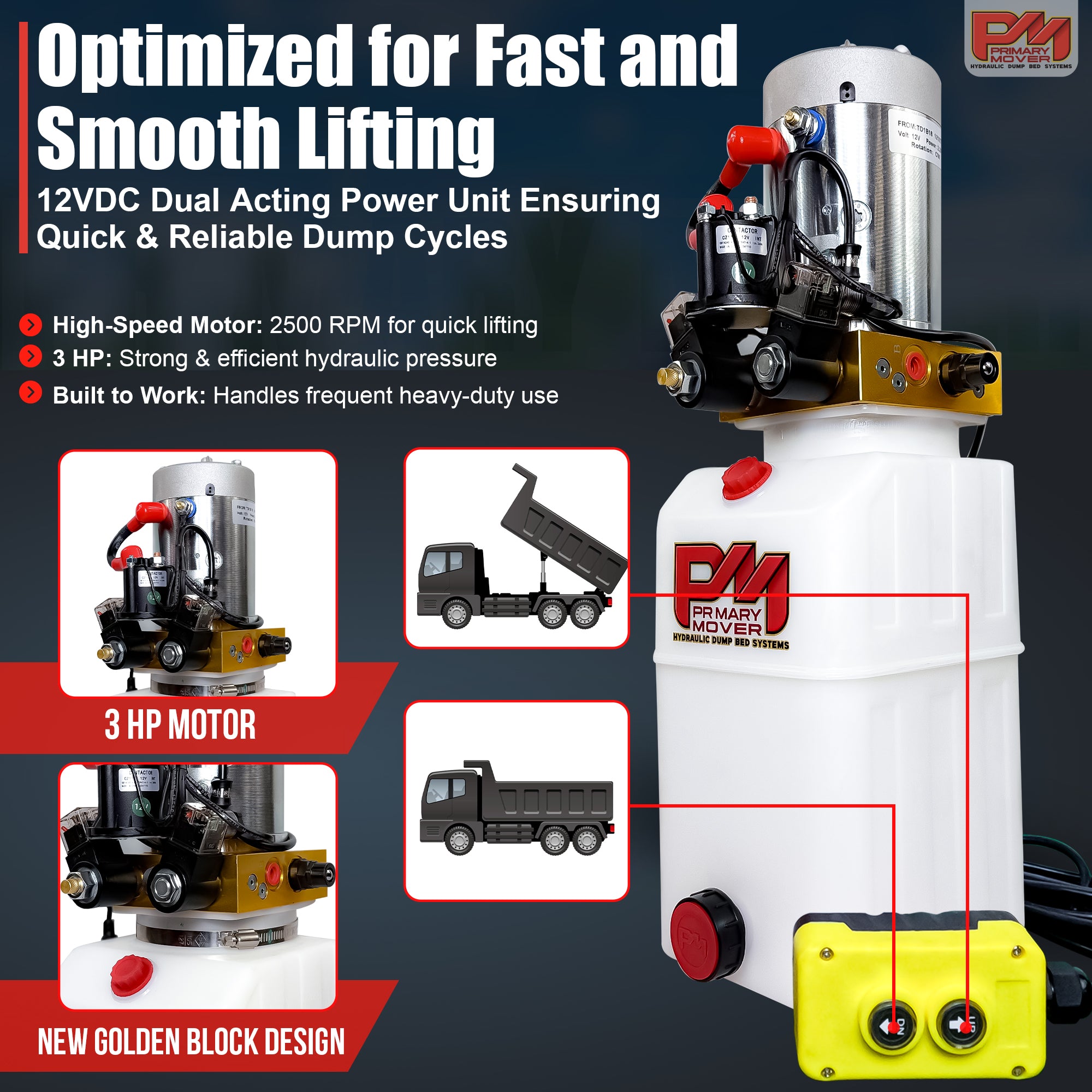 Primary Mover 12V Double-Acting Hydraulic Pump with poly reservoir, featuring red buttons, designed for efficient hydraulic dump bed systems.