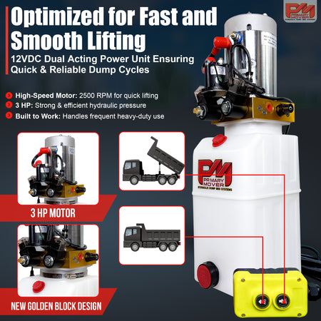 Primary Mover 12V Double-Acting Hydraulic Pump with poly reservoir, featuring red buttons, designed for efficient hydraulic dump bed systems.