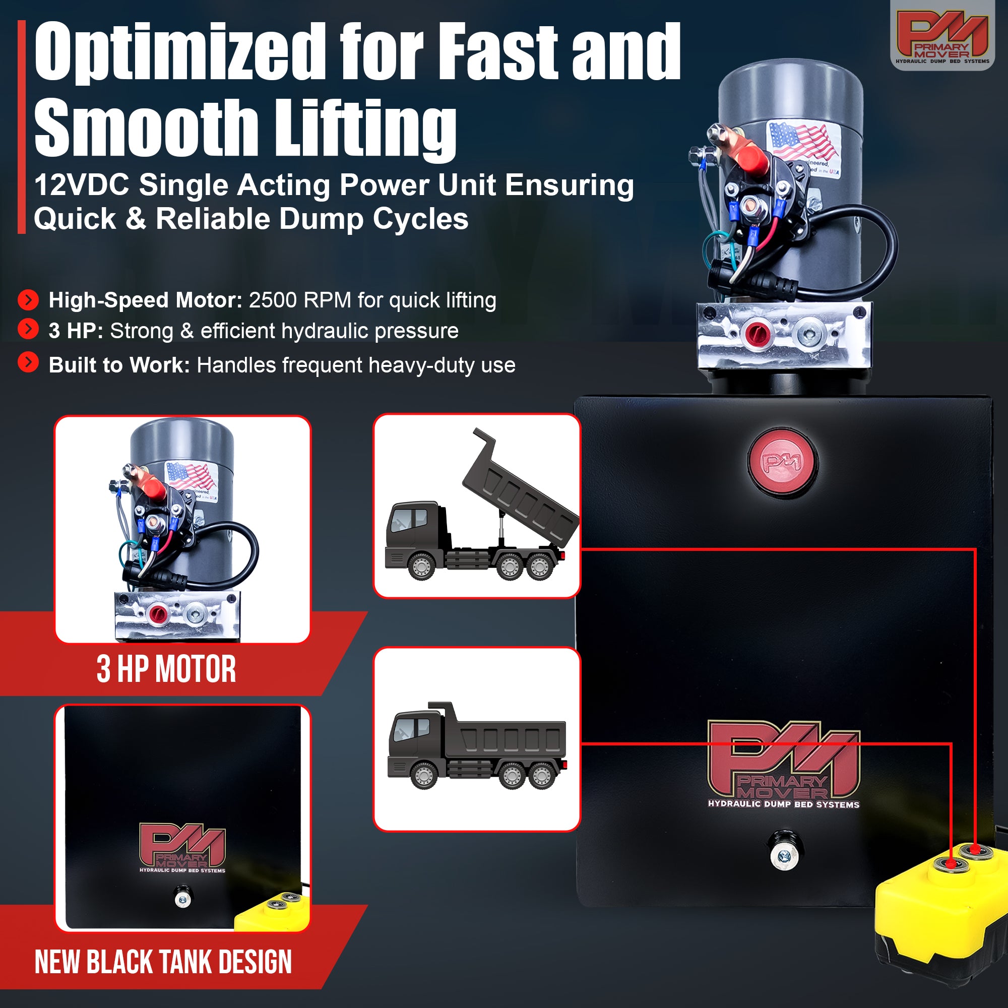 KTI 12V Single-Acting Hydraulic Pump - Steel Reservoir, featuring durable construction, compact design, and a prominent logo, optimized for hydraulic dump bed systems.