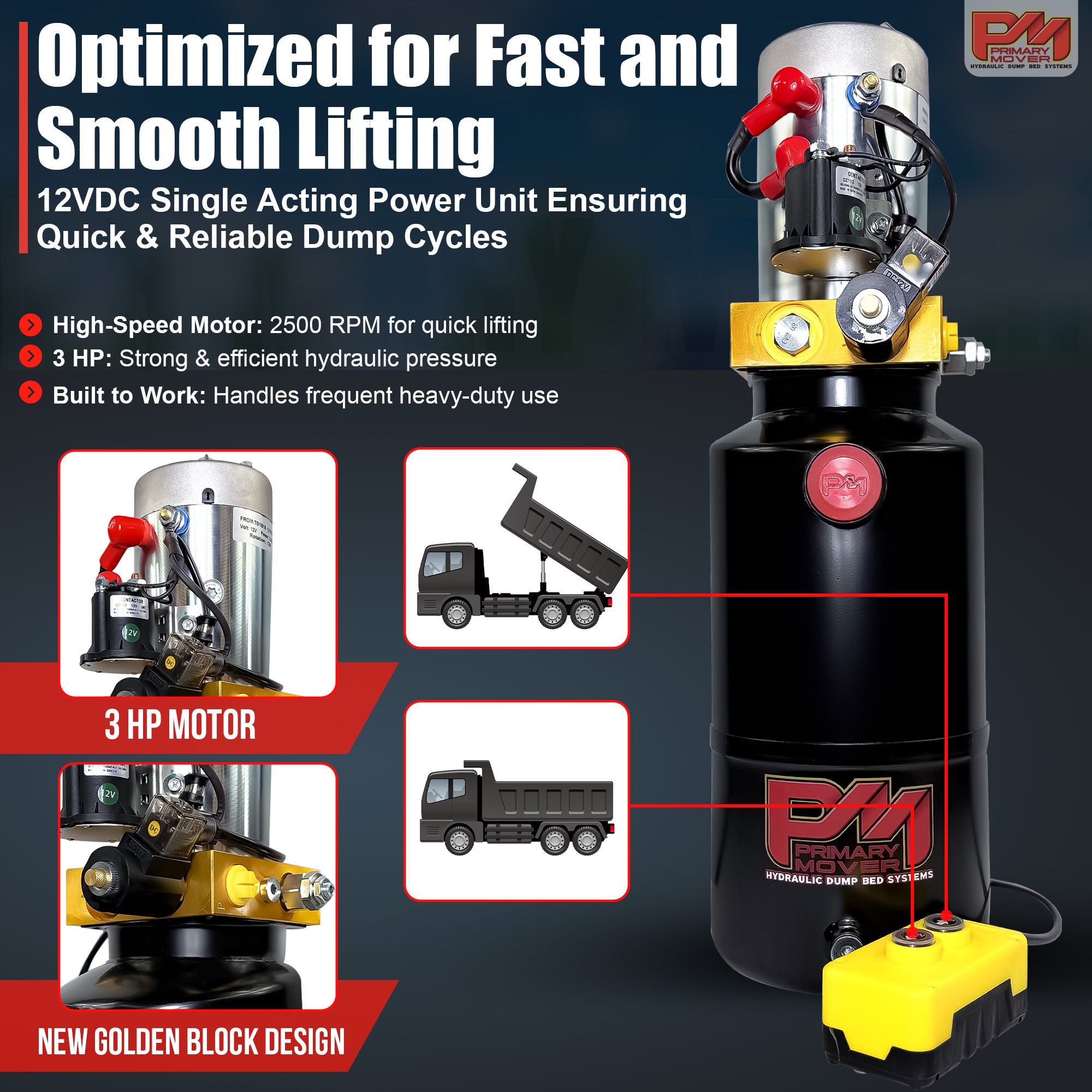 Primary Mover 12V Single-Acting Hydraulic Pump - Steel Reservoir shown with a black cylinder, red button, and yellow-black battery for hydraulic applications.