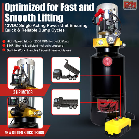 Primary Mover 12V Single-Acting Hydraulic Pump - Steel Reservoir shown with a black cylinder, red button, and yellow-black battery for hydraulic applications.