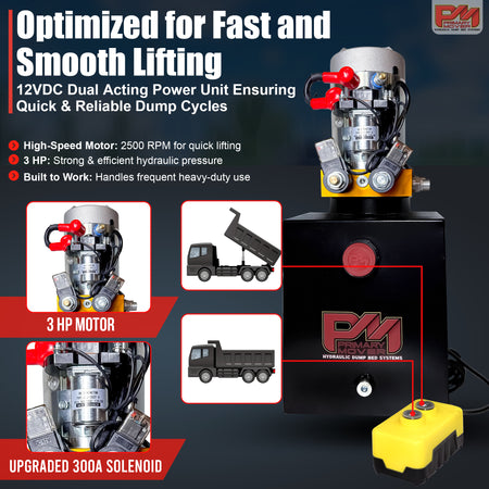 Primary Mover 12V Double-Acting Hydraulic Power Unit with 3 HP motor, steel reservoir, solenoid modules, and wireless remote for efficient dump truck bed control.