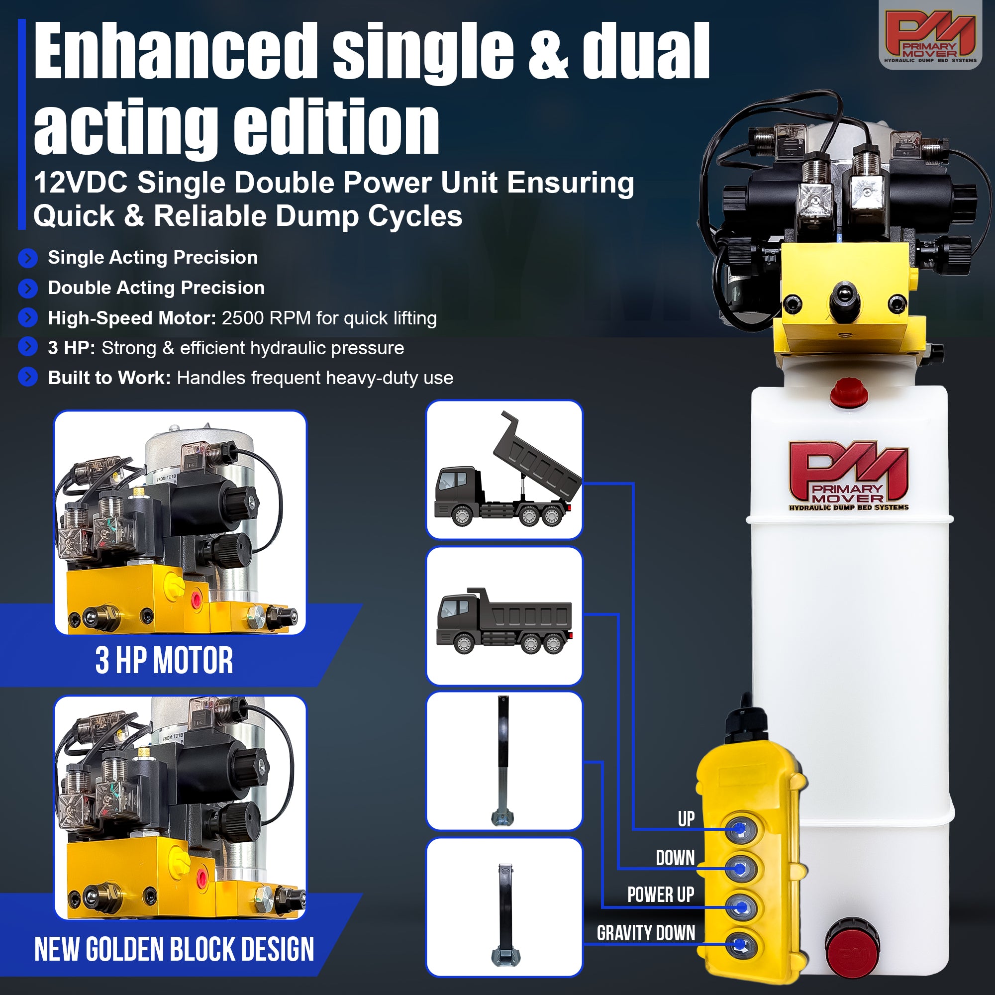 Primary Mover 12Vdc Single Double Pump: Compact unit with visible hydraulic connections and control buttons, suitable for heavy-duty telescopic dump trailer applications.