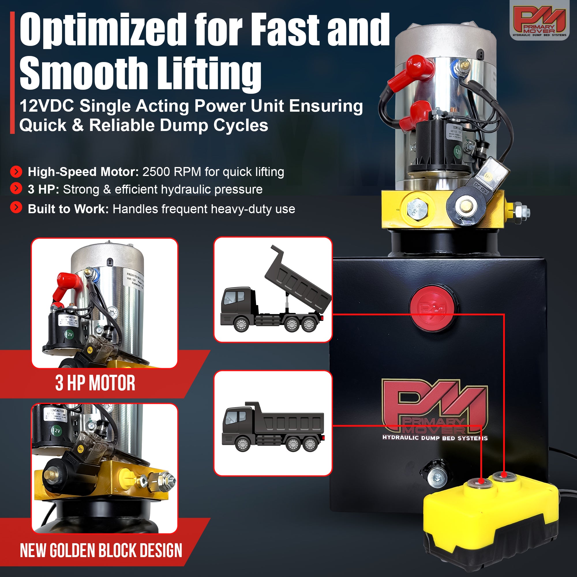 Primary Mover 12V Single-Acting Hydraulic Pump - Steel Reservoir, featuring a robust steel tank, suitable for dump trailers, with visible dump truck and hydraulic components.