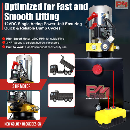 Primary Mover 12V Single-Acting Hydraulic Pump - Steel Reservoir, featuring a robust steel tank, suitable for dump trailers, with visible dump truck and hydraulic components.