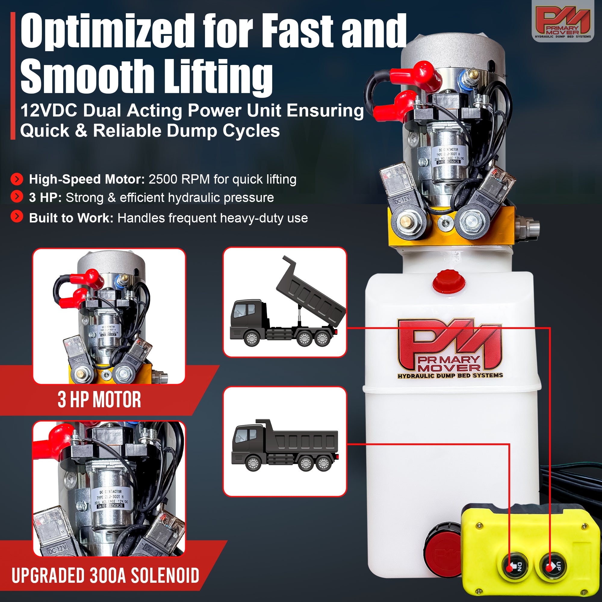 **Title:** Primary Mover 12V Hydraulic Power Unit – 3 HP Motor  

**Alt Text:** Infographic of Primary Mover 12V Dual-Acting Hydraulic Power Unit with 3 HP motor, highlighting fast lifting, heavy-duty use, and includes a handheld control.  

**Meta Description:** Discover the Primary Mover 12V Dual-Acting Hydraulic Power Unit with a 3 HP motor for efficient power-up and down, ideal for dump-bed trucks and trailers.