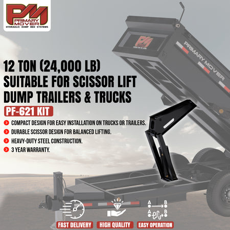 Scissor lift kit for 16-18' dump trailers, 12-ton capacity, heavy-duty steel construction, compact design, fast delivery, 3-year warranty, easy operation.