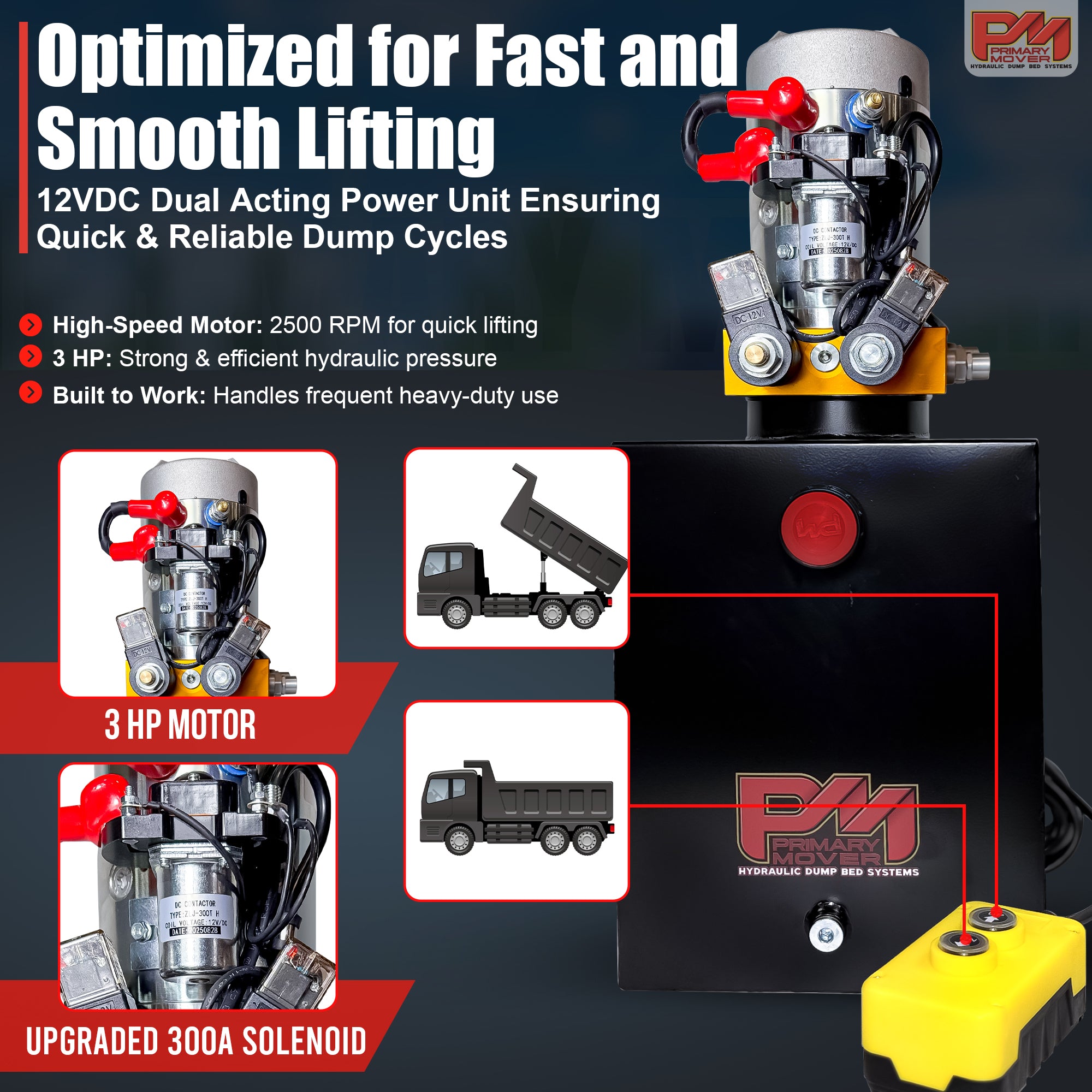 **Title:** Primary Mover 12V Dual-Acting Hydraulic Power Unit

**Meta Description:** Discover the Primary Mover 12V Dual-Acting Hydraulic Power Unit with a 3 HP motor for quick, reliable dump cycles in heavy-duty applications.

**Alt Text:** Close-up of Primary Mover 12V hydraulic power unit with black reservoir, 3 HP motor, and yellow wireless remote, ideal for heavy-duty dump systems.