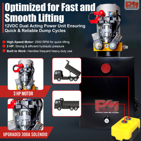 **Title:** Primary Mover 12V Dual-Acting Hydraulic Power Unit

**Meta Description:** Discover the Primary Mover 12V Dual-Acting Hydraulic Power Unit with a 3 HP motor for quick, reliable dump cycles in heavy-duty applications.

**Alt Text:** Close-up of Primary Mover 12V hydraulic power unit with black reservoir, 3 HP motor, and yellow wireless remote, ideal for heavy-duty dump systems.