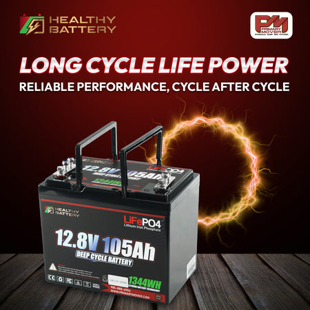 **Title:** Healthy Battery 12.8V 105Ah LiFePO4 Battery with Smart BMS  

**Meta Description:** Discover the Healthy Battery 12.8V 105Ah LiFePO4 deep-cycle battery, offering reliable performance, long cycle life, and integrated Bluetooth monitoring for various applications.  

**Alt Text:** Healthy Battery 12.8V 105Ah LiFePO4 deep-cycle battery with Smart BMS, emphasizing long cycle life and reliable performance, displayed with brand logos and an electric backdrop.