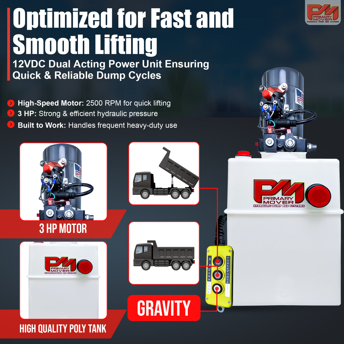 **Title:** KTI 12V Double-Acting Hydraulic Pump - Poly Reservoir

**Meta Description:** Discover the KTI 12V Double-Acting Hydraulic Pump with a poly reservoir, designed for efficient dump truck bed lifting and smooth operation.

**Alt Text:** KTI 12V Double-Acting Hydraulic Pump with poly reservoir, featuring a 3 HP motor and handheld pendant for efficient dump truck bed lifting.
