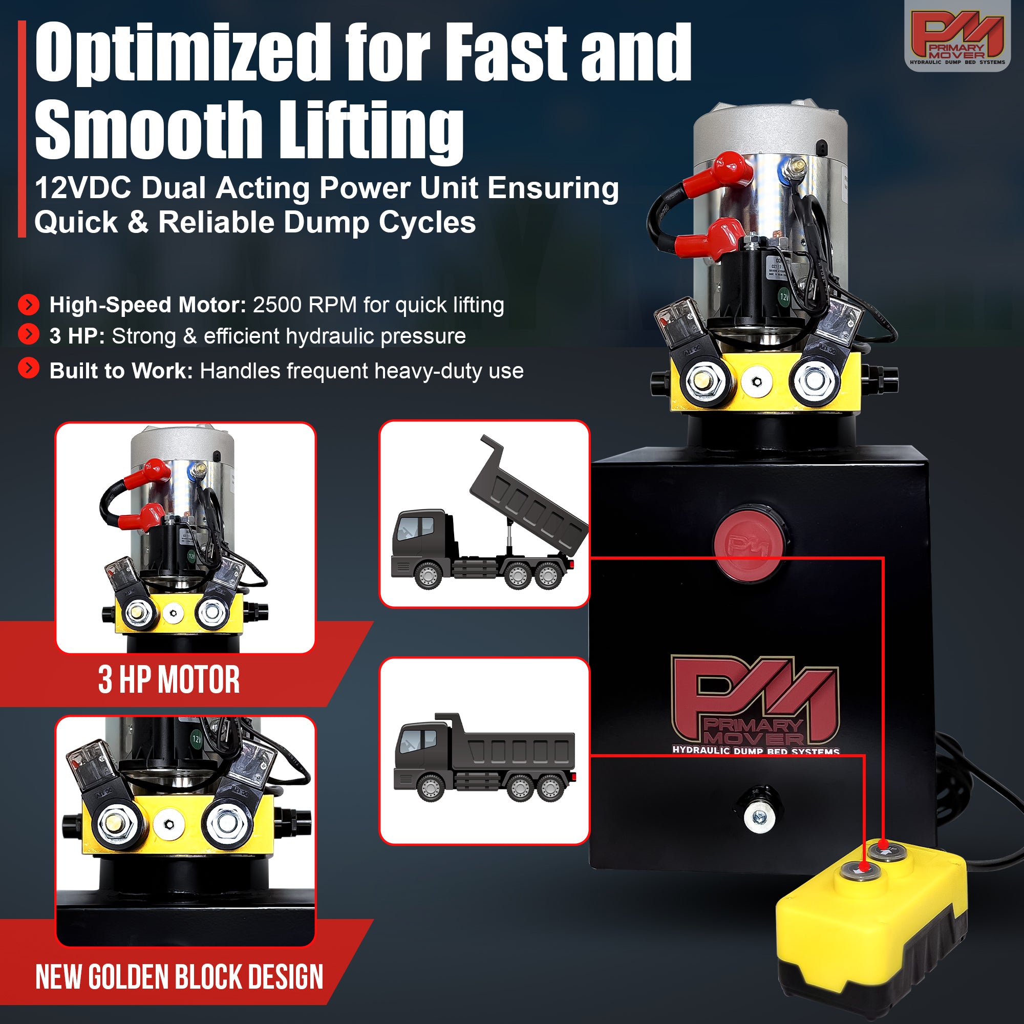 Primary Mover 12V Double-Acting Hydraulic Pump with steel reservoir, shown with dual-acting precision components, suited for hydraulic dump bed systems, enhancing efficiency and reliability.