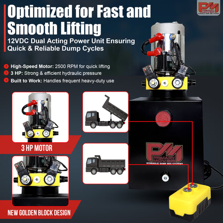 Primary Mover 12V Double-Acting Hydraulic Pump with steel reservoir, shown with dual-acting precision components, suited for hydraulic dump bed systems, enhancing efficiency and reliability.