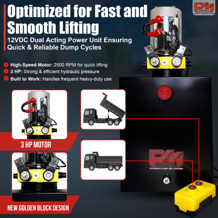 Primary Mover 12V Double-Acting Hydraulic Pump with steel reservoir, featuring dual-acting precision and quality craftsmanship, tailored for hydraulic dump bed systems.