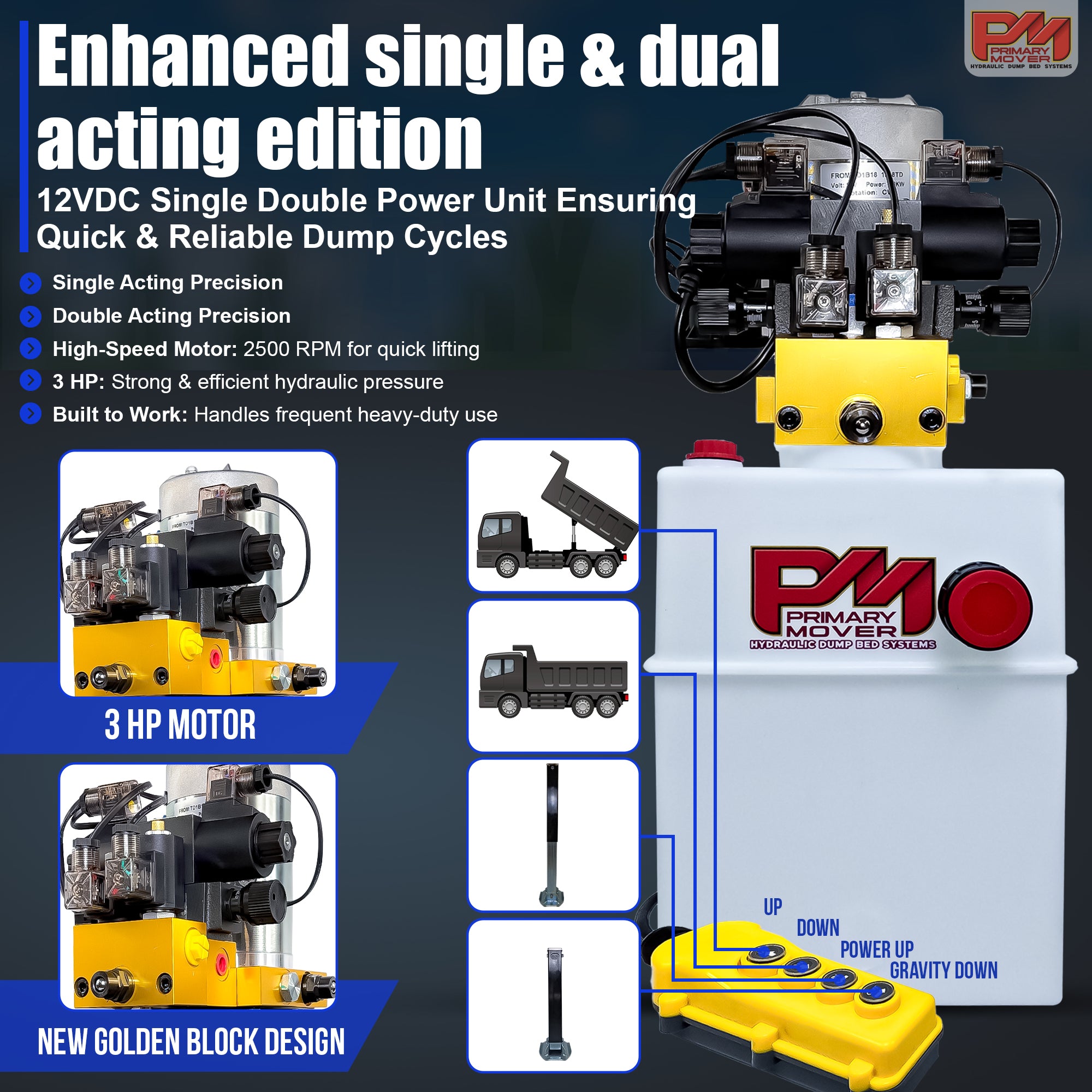 Primary Mover 12Vdc Single Double Pump: High-flow hydraulic power unit, visible machine parts, suitable for telescopic dump trailers and jacks, ensuring efficiency and versatility.