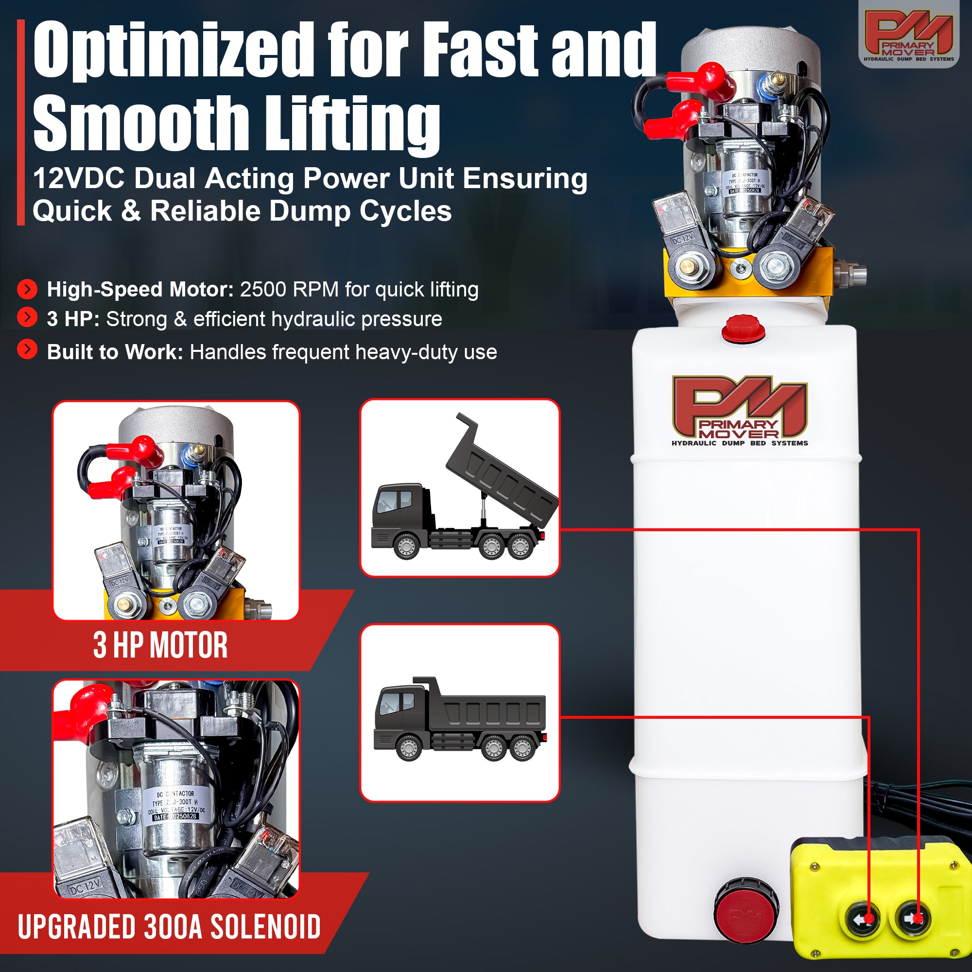 **Title:** Primary Mover 12V Dual-Acting Hydraulic Power Unit

**Meta Description:** Discover the Primary Mover 12V Dual-Acting Hydraulic Power Unit, featuring a 3 HP motor, heavy-duty construction, and user-friendly remote for efficient dump bed operations.

**Alt Text:** Primary Mover 12V Hydraulic Power Unit with 3 HP motor, poly tank, and remote control, optimized for fast, smooth lifting in dump beds.