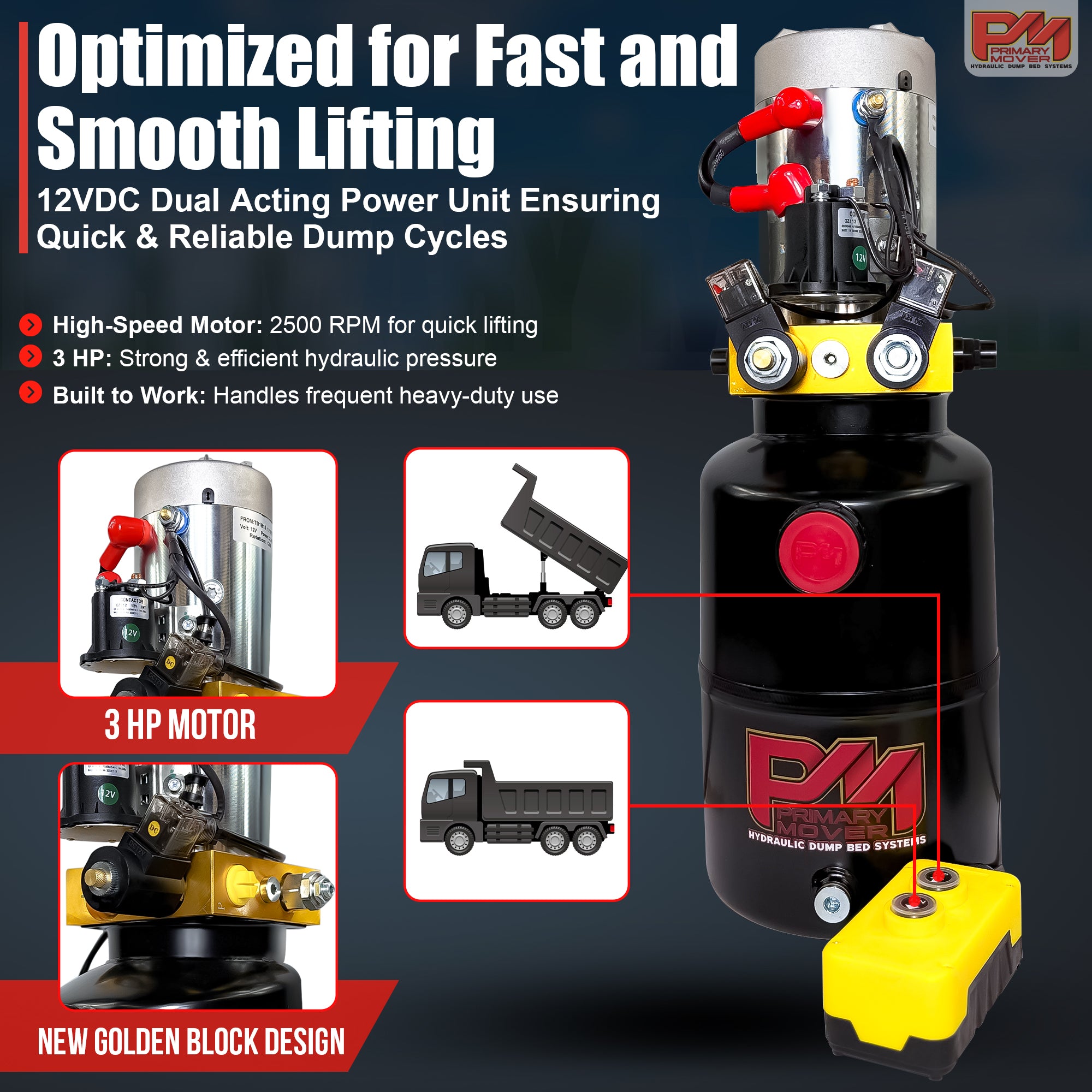 Primary Mover 12V Double-Acting Hydraulic Pump with steel reservoir, featuring red buttons and a dual-acting precision system, designed for dump bed systems.