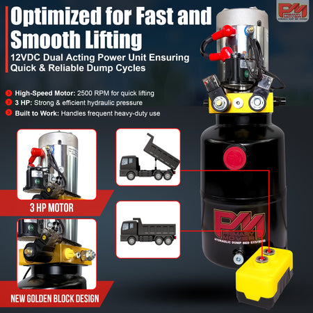 Primary Mover 12V Double-Acting Hydraulic Pump with steel reservoir, featuring red buttons and a dual-acting precision system, designed for dump bed systems.