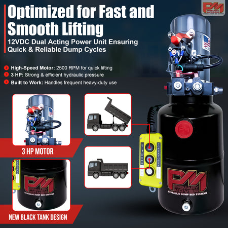 KTI 12V Double-Acting Hydraulic Pump with Steel Reservoir, featuring a durable, compact design, suitable for heavy-duty hydraulic dump bed systems, enhancing performance and reliability.