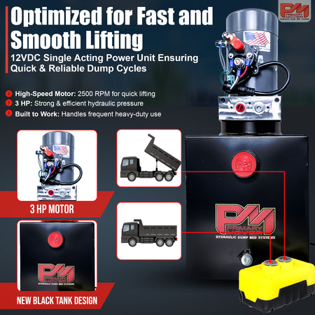KTI 12V Single-Acting Hydraulic Pump - Steel Reservoir, showcasing its compact design and durable construction, optimized for efficient dump bed operation.