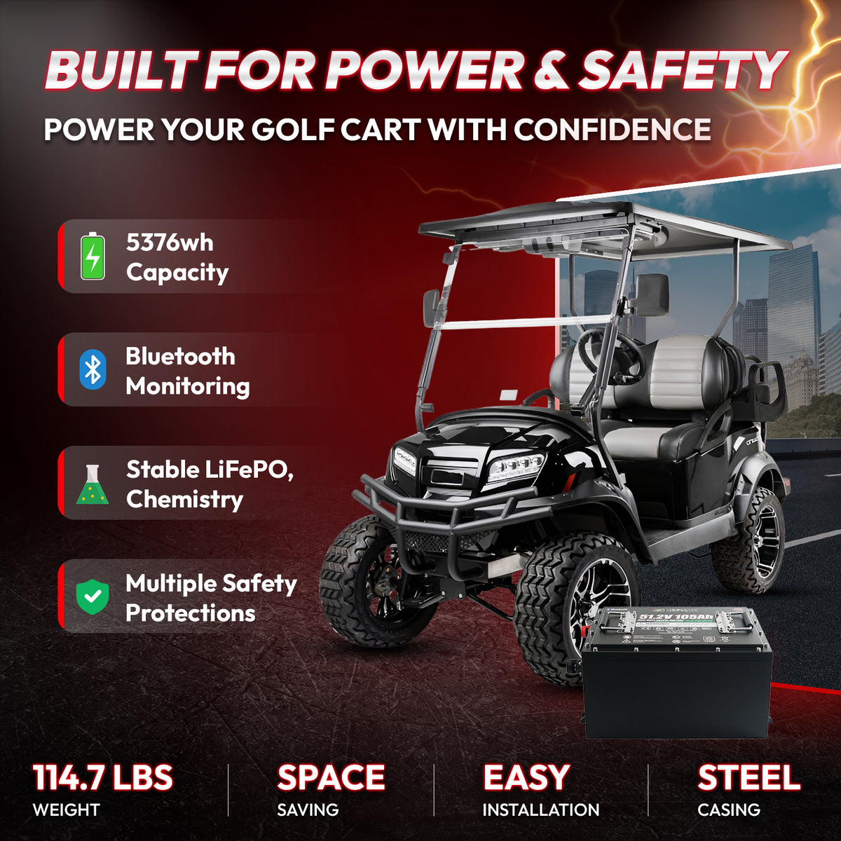 **Title:** Healthy Battery 51.2V 105Ah LiFePO4 Golf Cart Power Kit

**Meta Description:** High output LiFePO4 battery kit for golf carts, featuring 600A peak power, Bluetooth monitoring, and an onboard charger, ideal for lifted carts and tough terrains.

**Alt Text:** Black golf cart with steel-cased 51.2V LiFePO₄ battery showcasing power and safety features.