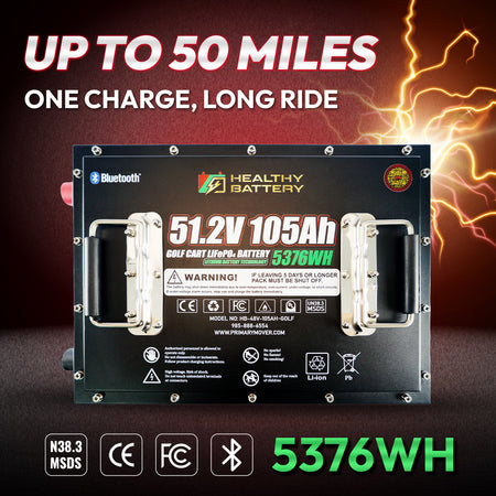 **Title:** Healthy Battery 51.2V 105Ah Golf Cart Battery Kit  

**Alt Text:** Advert shot of Healthy Battery 51.2V 105Ah golf cart battery, highlighting UP TO 50 MILES – ONE CHARGE text, Bluetooth monitoring, and certifications.  

**Meta Description:** Discover the Healthy Battery 51.2V 105Ah LiFePO4 Power Kit, featuring 600A peak output, Bluetooth monitoring, and a waterproof charger for enhanced golf cart performance.