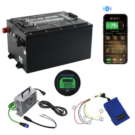 **Title:** High Output LiFePO4 Golf Cart Power Kit – 600A Peak

**Alt Text:** Healthy Battery 51.2V 105Ah LiFePO4 kit with Bluetooth BMS, charger, and DC-DC converter for high-performance golf carts.

**Meta Description:** Discover the Healthy Battery 51.2V 105Ah LiFePO4 Kit, featuring 600A peak output, Bluetooth monitoring, and a DC-DC converter for enhanced golf cart performance.
