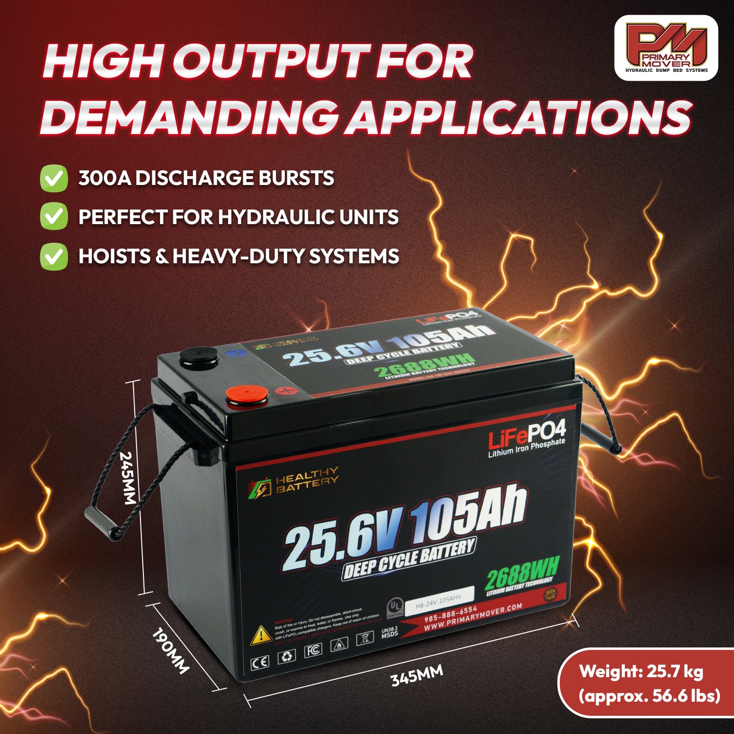**Title:** Healthy Battery 25.6V 105Ah LiFePO4 Deep Cycle Battery  

**Meta Description:** Discover the Healthy Battery 25.6V 105Ah LiFePO4, designed for high-demand systems with Bluetooth monitoring and robust BMS for optimal efficiency.  

**Alt Text:** Healthy Battery 25.6V 105Ah LiFePO4 deep cycle battery for hydraulic units, featuring Bluetooth monitoring and high output BMS.