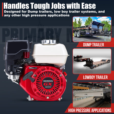 Primary Mover Double-Acting Gasoline Powered Hydraulic Pump | PF-GPU-5G (test) featuring a Honda GX200 engine, designed for trailers and high-pressure hydraulic systems.
