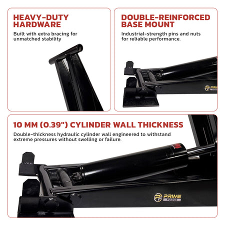Three close-up images of industrial metal hardware and a labeled hydraulic cylinder.