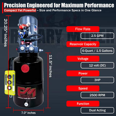 KTI 12V Double-Acting Hydraulic Pump with steel reservoir, designed for hydraulic dump beds, featuring compact design, dual-action power, and easy installation.