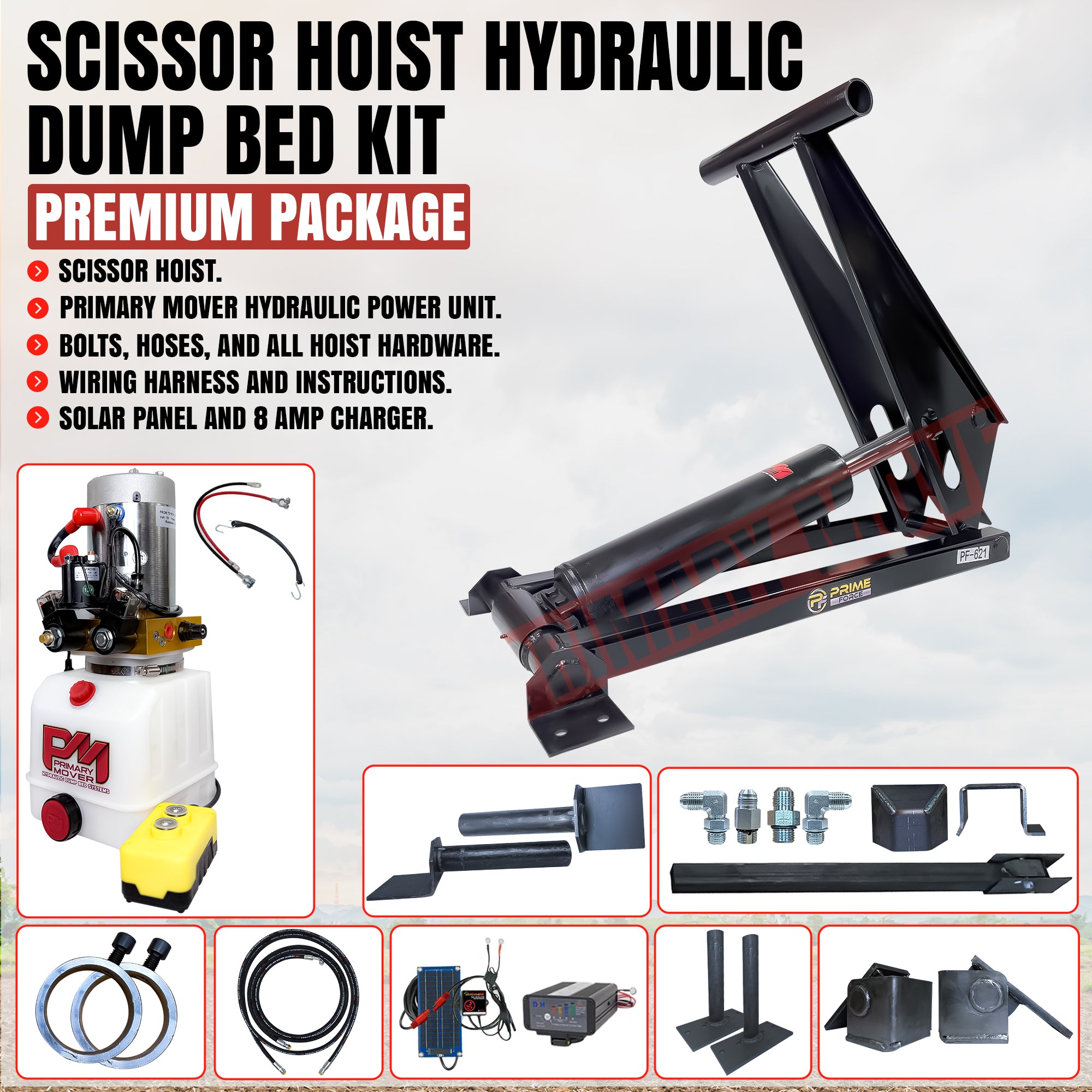 12 Ton Hydraulic Scissor Hoist Kit - Fits 16-18' Dump Body PF-621-6

Complete hydraulic lift kit showing scissor hoist assembly, power unit, solar panel, wiring, hoses, and installation components.
