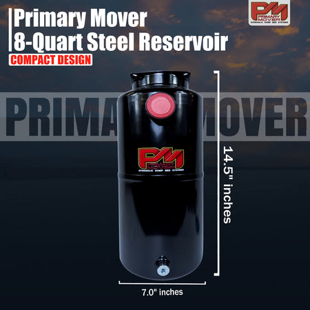 Hydraulic Power Unit Replacement Reservoir 8 Quart Steel Round with visible black barrel and red-yellow text, featuring a red button and logo. Ideal for hydraulic systems.
