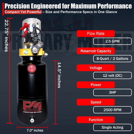Primary Mover 12V Single-Acting Hydraulic Pump with Steel Reservoir, featuring a black cylinder body, red button, and red and yellow accent details for efficient hydraulic performance.