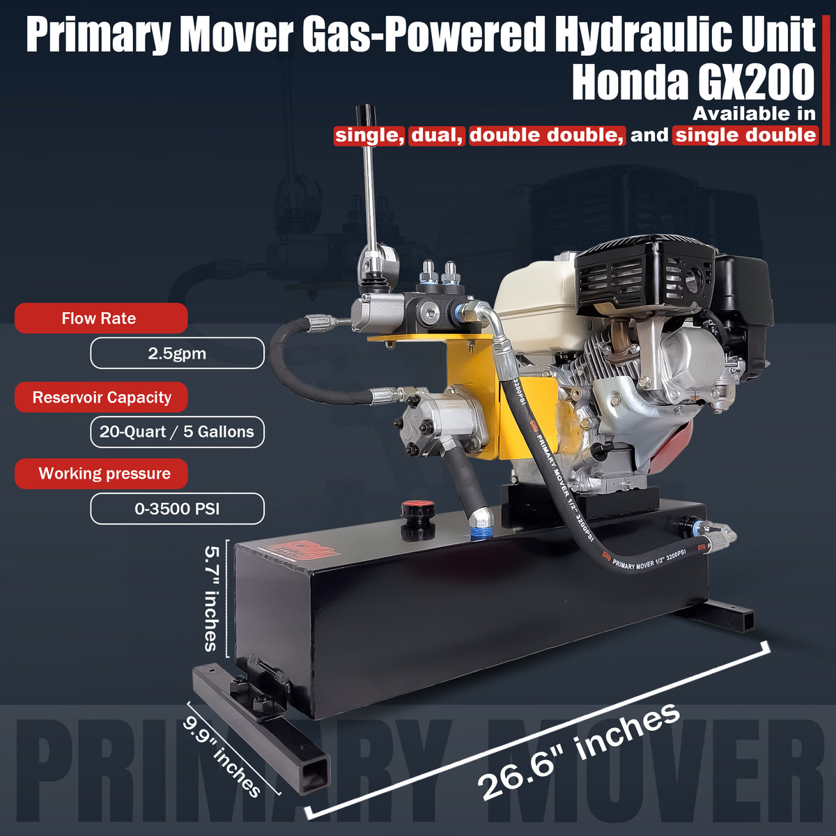 Primary Mover Double-Acting Gasoline Powered Hydraulic Pump | PF-GPU-5G with Honda GX200 engine, integrated pressure gauge, and black hose, ideal for demanding hydraulic applications.