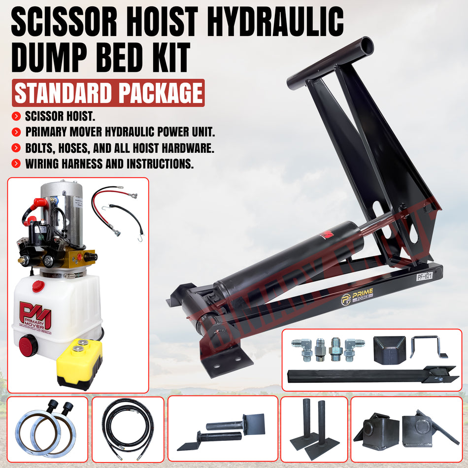 12 Ton Hydraulic Scissor Hoist Kit - Fits 16-18' Dump Body PF-621-6: Includes hoist assembly, hydraulic power, hoses, fittings, and installation hardware for heavy-duty trailers.