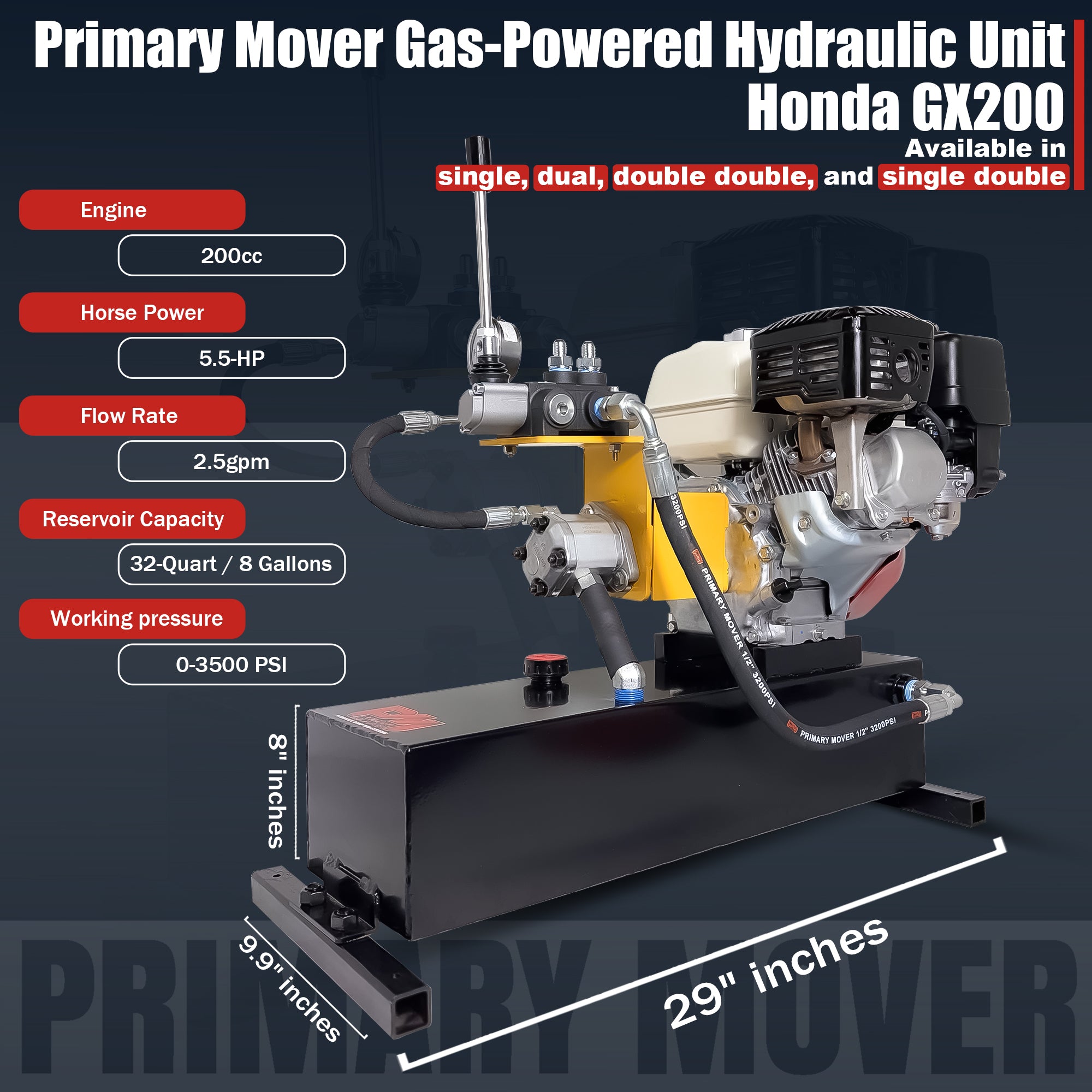 Primary Mover Double-Acting Gasoline Powered Hydraulic Pump | PF-GPU-5G

Gas-powered hydraulic unit with Honda GX200 engine, hydraulic pump, control lever, hoses, and steel reservoir, skid-mounted for heavy-duty applications.