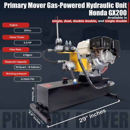 Primary Mover Double-Acting Gasoline Powered Hydraulic Pump | PF-GPU-5G

Gas-powered hydraulic unit with Honda GX200 engine, hydraulic pump, control lever, hoses, and steel reservoir, skid-mounted for heavy-duty applications.