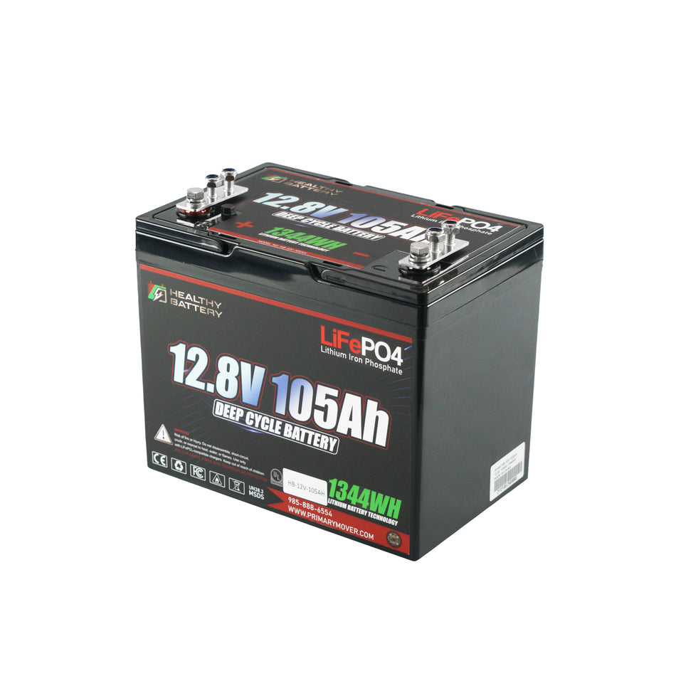 Title: Healthy Battery 12.8V 105Ah LiFePO4 Deep Cycle Battery

Meta Description: Discover the robust Healthy Battery 12.8V 105Ah LiFePO4, ideal for high-demand hydraulic systems with Bluetooth monitoring and integrated BMS for reliable performance.

Alt Text: Black rectangular LiFePO4 battery labeled Healthy Battery, showing 12.8V, 105Ah with visible terminals, suited for high-demand hydraulic power systems.