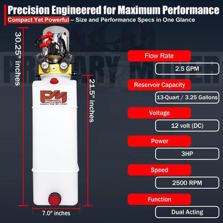 Primary Mover 12V Double-Acting Hydraulic Pump with Poly Reservoir, featuring red buttons and text, ideal for efficient hydraulic dump bed systems.