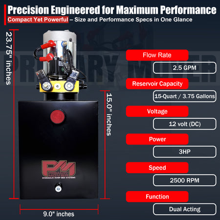 Primary Mover 12V Double-Acting Hydraulic Pump features a steel reservoir, dual-acting precision, and a red logo, optimized for dump bed systems.