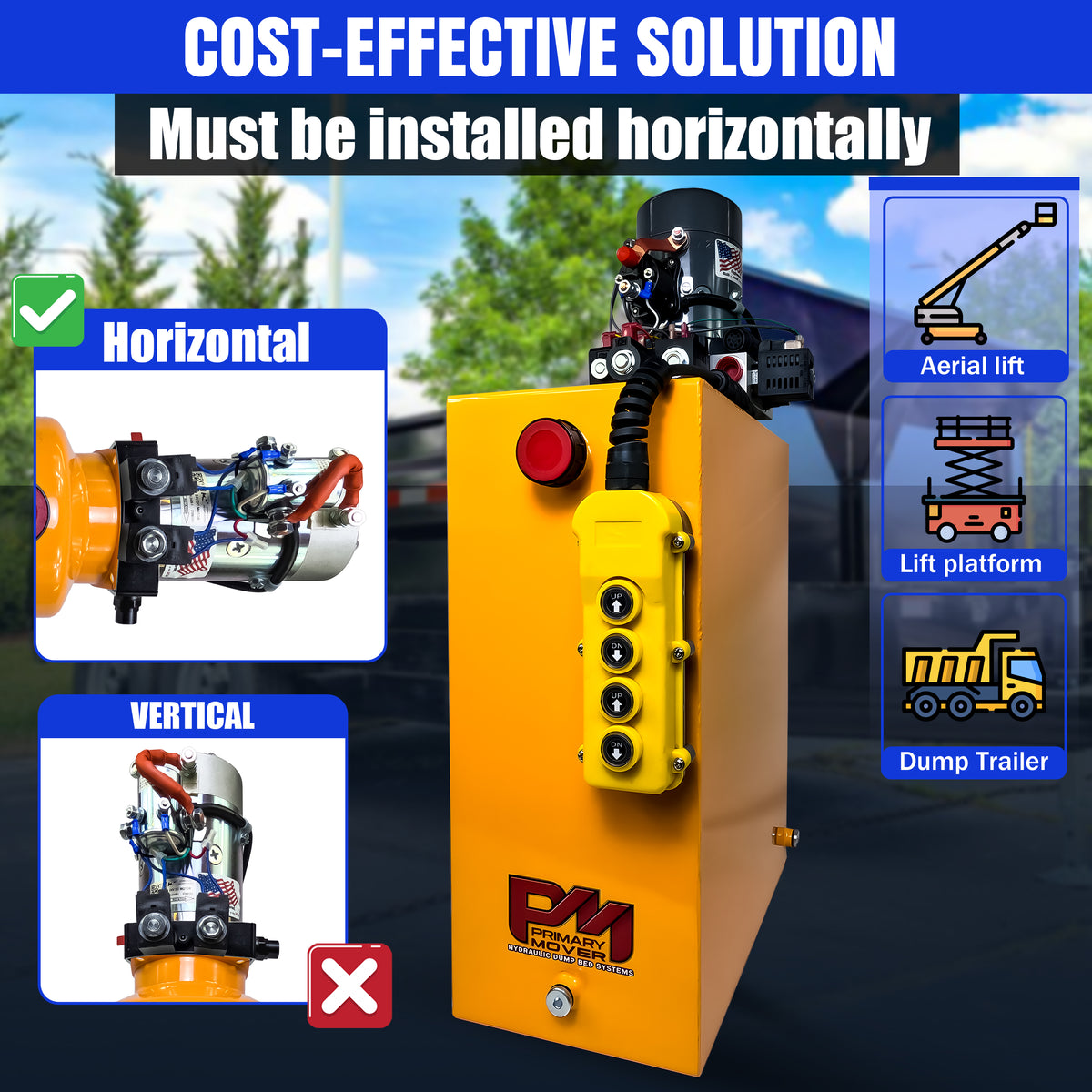 KTI 12vdc Single/Double Hydraulic Power Unit with buttons and a prominent red button, ideal for versatile hydraulic applications, including single-acting dump trailers and double-acting jacks.